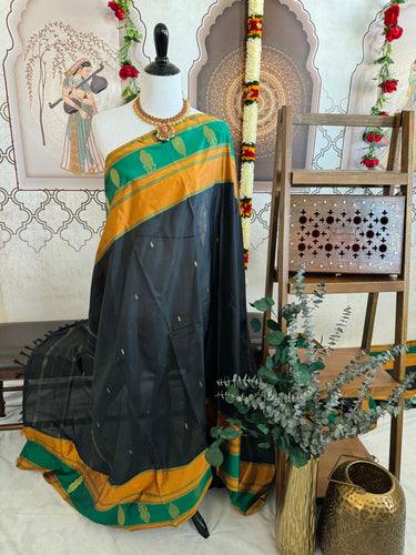 Kanchipuram silk saree | Black | Handwoven | Ships from California